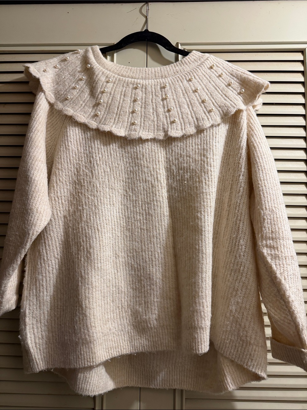 Cato Cream Pearl-Trim Ruffle Collar Sweater